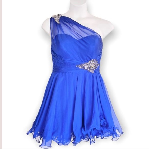 Mac Duggal One Shoulder Blue Formal Mini Dress Skater Beaded Sequins Size 14 - Picture 1 of 10